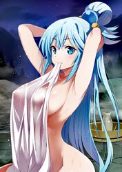 aqua_(konosuba) armpits arms_behind_head arms_up bangs blue_eyes blue_hair blush breasts clavicle closed_mouth covering eyebrows_visible_through_hair female hair_between_eyes hair_ornament hair_rings inue_shinsuke kono_subarashii_sekai_ni_shukufuku_wo! long_hair looking_at_viewer mouth_hold night night_sky outdoors shiny shiny_skin sideboob sky steam tagme tokkuri towel very_long_hair wet wet_towel white_towel