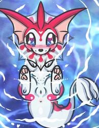 eeveelution female game_freak glistening_eyes naked nintendo no_humans partially_submerged pink_and_white pokémon_(species) pokemon solo vaporeon virgin