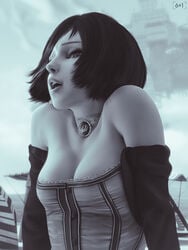 3d athletic athletic_female beach bioshock bioshock_infinite black_and_white breasts brown_hair cloud day elizabeth_comstock female female_focus female_only monochrome outdoors sand short_hair sixplusone sky small_breasts solo sunlight tagme water