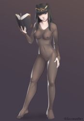 1girls bangs bichrom black_hair bodystocking book breasts breasts_visible_through_clothing fire_emblem fire_emblem_awakening frown full_bodystocking long_hair looking_at_viewer medium_breasts nintendo nipples pussy pussy_visible_through_clothes see-through solo tharja_(fire_emblem) transparent_clothing