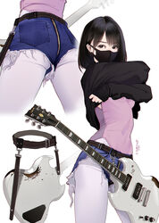 1girls absurdres arms_up artist_name ass ass_zipper bangs belt black_eyes black_hair black_sweater blue_shorts covered_navel cowboy_shot cropped_legs cutoffs electric_guitar eyebrows_visible_through_hair female guitar highres hitomi_o instrument leotard leotard_under_clothes long_sleeves looking_at_viewer mask mouth_mask multiple_views original pantyhose pink_leotard short_hair short_shorts shorts signature simple_background sleeves_past_wrists sweater undressing v-shaped_eyebrows white_background white_legwear