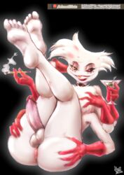 1boy angel_dust_(hazbin_hotel) anus arachnid ass balls big_ass chest_tuft choker cigarette cock demon drink erect_penis erection feet femboy hands_on_ass hazbin_hotel helmeet_el_gato legs_together legs_up male male_only naked nude penis sharp_teeth smile smiling solo solo_focus solo_male spider thighs white_fur white_hair