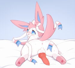 absurd_res animal_genitalia animal_penis anus balls blush canid canine canine_penis eeveelution erection feral flong fur furry furry_only genitals hi_res knot looking_at_viewer looking_back male male_only mammal nintendo open_mouth penis pink_penis pokemon pokemon_(species) simple_background solo sylveon tail video_games