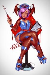 clothing crossed_legs darkstalkers flat_chest high_heels leggings lilith_aensland looking_at_viewer negarobo nurse open_toe_shoes purple_hair red_eyes robaato short_hair sitting smile solo_female stockings stripper_heels succubus syringe tongue_out vampire_(game)