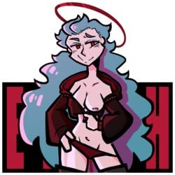 1female 1girl 1girls areola areola_slip blue_hair breasts demon demon_girl demon_humanoid elith_(unknownspy) halo jacket jollyghozt looking_at_viewer nipple_slip nipples panties red_eyes smile smiling solo solo_female stripping tagme unknownspy white_body white_skin