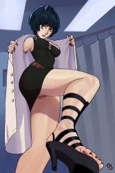 1girls 2022 atlus bowl_cut choker cleavage collar doctor dress feet_focus female female_only high_heels legs low-angle_view nail_polish no_panties painted_nails painted_toenails persona persona_5 pussy red_toenails shoes solo solo_female solo_focus tae_takemi thighs tobiart