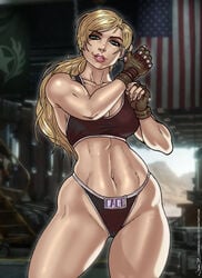 1girls 2d abs american_flag bikini blonde_hair blue_eyes boxing cassie_cage dark_blonde dark_blonde_hair dirty_blonde diry_blonde_hair female female_only fingerless_gloves fully_clothed gym image mortal_kombat mortal_kombat_11 muscular_female navel pink_lipstick ponytail sandy_blonde sandy_blonde_hair solo sports_bra thong wilko