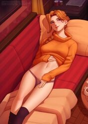 1girls braided_hair deilan12 female female_pubic_hair freckles hairy_pussy highres leah_(stardew_valley) legs legwear lipstick long_hair looking_at_viewer lying lying_on_back midriff navel on_back on_sofa orange_hair orange_sweater panties panty_pull pillow pubic_hair purple_eyes seductive smile soga solo stardew_valley stockings sweat sweatdrop sweater sweater_lift thighhighs thin_legs