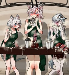 3futas animal_ears animal_genitalia animal_genitalia_on_humanoid animal_penis apron apron_only arknights balls big_balls big_penis blush breasts censored click_(arknights) clothed clothing cum cum_in_container cum_in_cup cum_through_clothes earthspirit_(arknights) embarrassed erection erection_under_clothes futa_only futanari goat_girl goat_horns heavyrain_(arknights) horns horse_girl horsecock horsecock_futanari horsecock_on_humanoid huge_balls huge_cock humanoid iced_latte_with_breast_milk kemonomimi knees_together_feet_apart light-skinned_futanari light_skin meme mirin_chikuwa mostly_nude naked_apron oversized_balls pale_skin penis penis_size_difference shy standing tenting white_hair