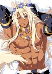 1boy abs animal_ears arm_rings armpits blonde_hair clothed cute_boy dark-skinned_male dark_skin deathblight deltoids elbow_gloves fluffy_ears fluffy_hair fluffy_tail gloves gold_jewelry gold_necklace golden_jackal inner_ear_fluff jackal_boy jackal_ears jackal_tail jewelry long_hair long_haired_male looking_at_viewer male muscles muscular_abs muscular_armpits muscular_arms muscular_male muscular_neck muscular_pecs navel nipples pecs pretty_boy purple_eyes rings_on_arms serratus sethos_(deathblight) smile solo straight yazirou