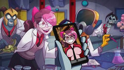 accurate_art_style braces breasts cartoon_network cellphone classroom dr._flug_(villainous) edit glasses miss_heed_(villainous) nerd nipples philelmago photo school_uniform schoolgirl screencap smile villainous