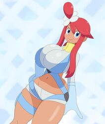 1girls alternate_breast_size blue_eyes blush breasts clothed clothed_female eyelashes female female_only gloves gym_leader hair_ornament large_breasts nintendo nuruudon pokemon pokemon_bw red_hair short_hair short_shorts shorts skyla_(pokemon) smile solo solo_female standing suspenders thick_thighs tight_clothing turtleneck