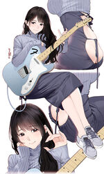 1girls absurdres ass ass_cleavage backless_dress backless_outfit bangs bare_legs black_eyes black_hair blue_dress blue_sweater butt_crack dress electric_guitar female fender_(brand) fender_telecaster guitar guitar_little_sister_(hitomi_o) highres hitomi_o instrument long_hair long_sleeves multiple_views original parted_bangs ribbed_sweater shoes sitting sneakers sweater turtleneck turtleneck_sweater