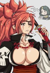 1girls baiken big_breasts bursting_breasts cleavage eye_patch face_markings female female_focus female_only guilty_gear guilty_gear_strive huge_breasts jojiyaki large_breasts light-skinned_female red_eyes red_hair samurai scar