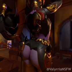 1girls 3d ass_focus blizzard_entertainment blizzard_world_(map) detailed_background female female_only hand_on_ass highres overwatch pose purple_skin valyrriansfw widowmaker