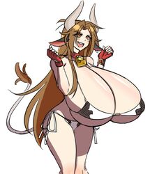 1girls big_breasts brown_eyes brown_hair cleavage cow_ears cow_girl cow_horns cow_print cow_tail cowbell excited fingerless_gloves horns huge_breasts hyper_breasts large_breasts massive_breasts matsu-sensei mattie_(matsu-sensei) original original_character solo solo_female top_heavy white_background