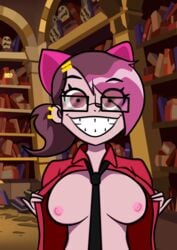 2d braces breasts clothing colored female_only glasses medium_hair miss_heed_(villainous) nerd nipples philelmago pink_body pink_hair school_uniform smile sole_female villainous