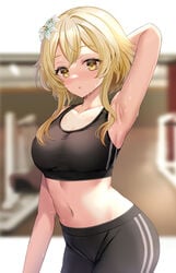 1girls armpits big_breasts blonde_hair blush breasts exercise exercise_clothing fully_clothed genshin_impact harimoji lumine_(genshin_impact) midriff navel sweat workout workout_clothes yellow_eyes