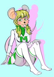 2d 2d_(artwork) 2d_artwork anthro blonde blonde_female blonde_hair blonde_hair_female cheerleader cheerleader_outfit cheerleader_uniform cum cum_on_breasts cum_on_face cum_on_pussy digital_art digital_drawing_(artwork) digital_media_(artwork) edit female furry furry_female green_eyes grey_fur mitzi_mozzarella mouse murid no_panties pink_tail rodent showbiz_pizza_place sitting tail the_rock-afire_explosion thigh_socks thighhighs tongue tongue_out yellow_hair