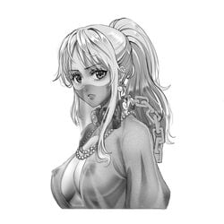 1girls areolae big_breasts blank_background breasts chain_leash chains collar earrings female female_only greyscale harem_outfit jewelry kerana_art leash light_hair long_hair nami necklace nipples one_piece ponytail portrait see-through see-through_clothing sheer_clothing slave slave_collar slavegirl solo tenryuubito_slave_outfit topwear veil white_background