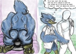 anon anthro ass avian beak berdly bird blue_body blue_butt blue_feathers bottomless clothed clothing deltarune dessert duo eating english_text eyewear facesitting feathers food furry gay glasses hand_holding hand_on_butt human human_on_anthro humor ice_cream insult interspecies lying male male/male mammal nude outside rear_view sequence shirt smile smug talons text thought_bubble tongue tongue_out topwear undertale_(series) unknown_artist video_games wings yaoi yellow_beak