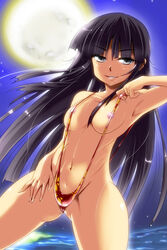 areola_slip areolae armpits black_hair full_moon highres hyudora kaguya_houraisan long_hair moon navel nipple_slip nipples sling_bikini solo swimsuit touhou water