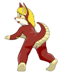 anthro back_view barefoot blush color female female_only genderswap_(mtf) hair looking_back nude open_eyes open_mouth orange_eyes pointy_ears pussy pussy_juice raised_tail rule_63 saliva simple_background snarf solo tail thundercats white_background yellow_hair