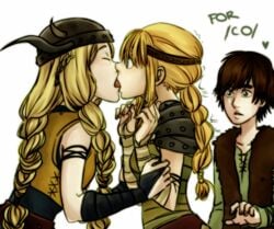 /co/ 10s 1boy 2010 2010s 2girls arm_grab arm_wraps astrid_hofferson bandage bandages blonde_hair braid braided_hair closed_eyes clothed clothing dreamworks female french_kiss grab grabbing helmet hiccup_horrendous_haddock_iii how_to_train_your_dragon kissing lesbian long_hair multiple_girls open_mouth paramount_pictures ruffnut_thorston shoulder_armor shoulder_pads side_view surprised tongue tongue_out viking white_background white_skin wide_eyed yuri