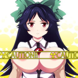 1girls black_hair bow breast_grab breasts english expressionless eyes female hair hairbow huge_breasts kuroino long_hair nipples red_eyes solo touhou utsuho_reiuji