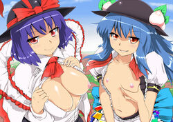 2girls big_breasts blue_hair bow bra breast_hold breast_lift breasts female female_only flat_chest food fruit grin hat huge_breasts hyudora iku_nagae lingerie looking_at_viewer multiple_girls naughty_face navel nipples peach_(fruit) purple_hair seductive seductive_smile smile take_your_pick teasing tenshi_hinanawi touhou underwear