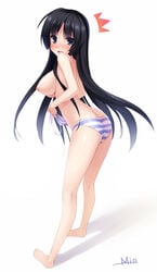 back barefoot black_hair blue_eyes blush breasts color enf female female_only highres human human_only k-on! large_breasts long_hair mio_akiyama_(k-on!) panties senji_(artist) senji_(tegone_spike) solo standing striped striped_panties topless underwear