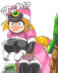 1girls ass_grab big_breasts blonde blue_eyes blush capcom hair machbow mega_man mega_man_zx pointy_chin prairie stockings surprised