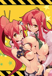 asymmetrical_docking bikini blush breast_press breast_slip breasts breasts_out brown_eyes covering covering_breasts deep_skin dual_persona female glasses huge_breasts kekocha large_breasts micro_bikini mound_of_venus multiple_girls navel necktie nipples one_breast_out red_hair selfcest smile swimsuit teacher tengen_toppa_gurren-lagann tengen_toppa_gurren_lagann thighhighs time_paradox yoko_littner yomako yuri