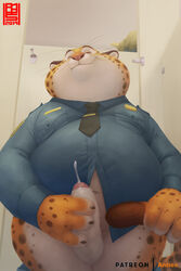 absurd_res anhes anthro bathroom_stall belly_bulge belly_button benjamin_clawhauser cheetah chief_bogo chubby_male closed_eyes clothing cum detailed_background disney fur furry furry_only hi_res highres horns looking_pleasured male male_only masturbation police_uniform shirt smiling spotted_fur tail_grab tie whiskers yellow_fur zootopia