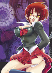 beige_skin blush bow breasts brown_hair cameltoe canon_genderswap choker cleavage clothes color dress_shirt female female_only footwear hair human iori_yagami jacket king_of_fighters kip kneehighs large_breasts lips lipstick looking_back makeup midnight_bliss miniskirt open_eyes open_mouth panties pleated_skirt red_hair ribbon rule_63 shirt short_hair skirt snk socks solo standing sweat unbuttoned underwear upskirt white_panties yellow_eyes zoom_layer