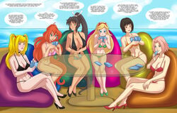 2:3_ratio 6girls arabatos beach bikini black_hair black_hair_female blonde_hair blonde_hair_female bloom_(winx_club) blue_eyes blue_eyes_female blush_stickers breasts brown_eyes chair cleavage clothed comic_page crossover death_note dialogue english_text female female_only final_fantasy final_fantasy_vii green_bikini green_bikini_bottom green_bikini_top green_eyes green_eyes_female green_high_heels headband heels high_heels homura_(senran_kagura) horns human light_pink_hair long_blonde_hair long_hair long_hair_female long_red_hair long_taglist misa_amane multiple_girls naruto naruto_shippuden navel orange_bikini orange_bikini_bottom orange_bikini_top orange_high_heels peril pink_bikini_bottom pink_bikini_top pink_hair pink_hair_female playing_card poker red_bikini red_bikini_bottom red_bikini_top red_hair sakura_haruno senran_kagura short_black_hair short_hair short_hair_female short_pink_hair sitting star_butterfly star_vs_the_forces_of_evil swimsuit table text twintails waist_length_hair winx_club yuffie_kisaragi