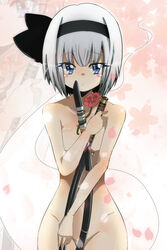 blue_eyes blush_stickers ghost hairband highres kamiya_zuzu katana myon nude petals short_hair silver_hair solo sword touhou weapon youmu_konpaku youmu_konpaku_(ghost) zoom_layer zuzu