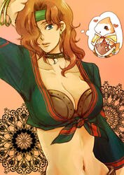 blue_eyes bra_cups_sticking_out breasts brown_hair choker cleavage clothing felecca front-tie_top headband heart midriff nata_(artist) numnu porposkin suikoden suikoden_tierkreis thought_bubble tied_shirt