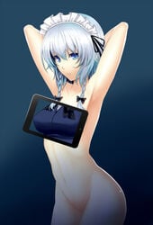 apple_inc. armpits arms_up blue_eyes braid female female_only hiroya_juuren human ipad nude product_placement reverse_x-ray reverse_x-ray_vision sakuya_izayoi short_hair silver_hair solo touhou twin_braids