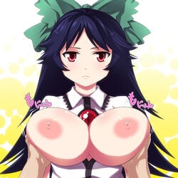 1girls 3_eyes black_hair bow breast_grab breasts breasts_out eyes female framed_breasts hairbow huge_breasts kuroino long_hair multi_eye nipples red_eyes solo touhou translated utsuho_reiuji