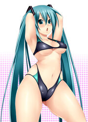 1girls :o aoinagi aqua_hair armpits arms_behind arms_behind_back bikini breasts female hatsune_miku long_hair navel solo swimsuit tied_hair twintails underboob vocaloid