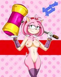 1girls amy_rose amy_rose_(boom) armband bedroom_eyes breasts front_view fur gloves green_eyes half-closed_eyes hammer headband hedgehog ilustretsspoks mammal medium_breasts melee_weapon navel nipples nude piko-piko_hammer piko_piko_hammer pink_fur pink_hair pussy ring seductive short_hair smile socks solo sonic_(series) sonic_boom thighhighs tools war_hammer weapon