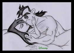 dinogaby disney disney_channel dr._drakken embracing female greyscale human kim_possible kissing male male_nipples medium_breasts monochrome nude on_bed shego straight straight_hair