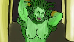 1girls animal breasts closed_eyes fangs gorgon greek_mythology green_hair green_skin laugh laughing medusa muscular muscular_female open_mouth reptile self_lick self_torture snake tickling torture yellow_eyes zoophilia