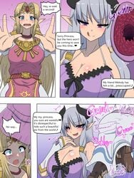 2girls ass big_ass big_breasts big_butt blonde_hair blue_eyes breasts butt clothing comic confused forced grunting huge_ass huge_breasts huge_butt multiple_girls nintendo nomilover princess_zelda purple_eyes sound_effects succubus succubus(nomilover) tail_bulge tail_pussy tail_vore text text_box text_bubble the_legend_of_zelda tight_clothes tight_clothing tight_fit vore white_hair zelda_(a_link_between_worlds)