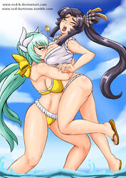 2girls bearhug bikini catfight cling endured_face fate/grand_order fate_(series) fighting fundoshi green_hair kiyohime_(fate/grand_order) long_hair tongue_out ushiwakamaru_(fate/grand_order) wrestling yamakasa yuri