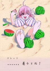 1girls beach blush buried_in_sand character_request eating feet female fruit hair_ornament himegari_dungeon_meister japanese_text kurui_yagi no_nipples open_mouth painted_breasts pink_eyes pink_hair sand solo wink