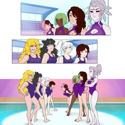 8girls black_eyes black_hair blake_belladonna blonde_hair catfight cinder_fall cleavage crossover dark-skinned_female emerald_sustrai female female_only fit_female green_hair human keijo!!!!!!!! long_hair neo_(rwby) pale-skinned_female pool quu-art ruby_rose rwby salem_(rwby) short_hair staredown swimsuit team_rwby weiss_schnee yang_xiao_long