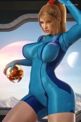 3d apone3d bimbo blonde_hair blue_eyes breasts dirty_blonde dirty_blonde_hair female image metroid metroid_(creature) mole_under_mouth samus_aran sandy_blonde sandy_blonde_hair solo