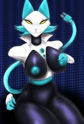 2021 absurd_res anthro big_breasts black_body blue_ears blue_hair blue_nipples bottomless breasts button_(fastener) clothed clothing deltarune digital_media_(artwork) disembodied_hand felid female floating_hands hair hand_on_breast hi_res looking_at_viewer machine mammal nipples nude simple_background smile solo tasque_manager_(deltarune) thedeadtimezone video_games white_top yellow_eyes